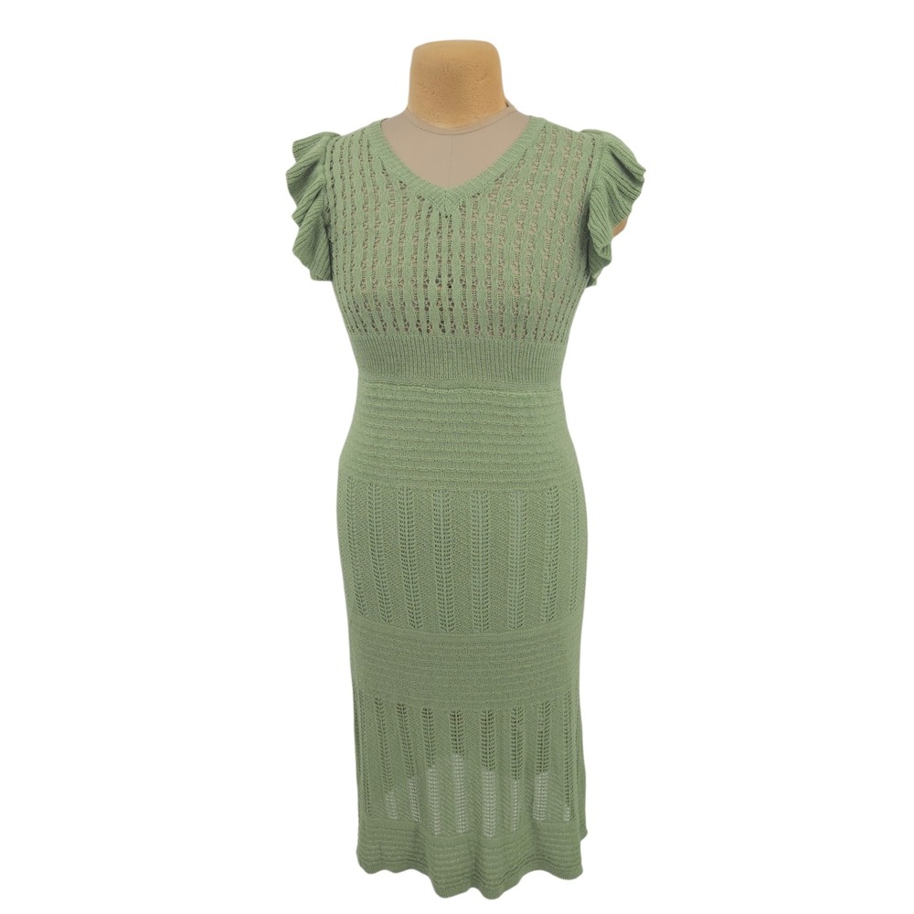 Natura‎ Crochet Knit Ruffle Sleeve Midi Dress Women TU Green Pointelle Boho Chic